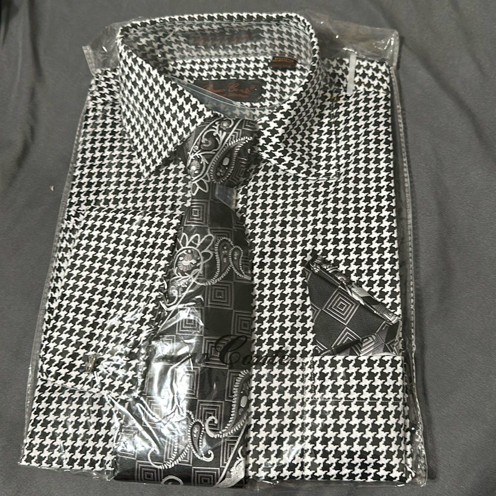 MEN'S VINTAGE STYLE MULTI-COLORED HOUNDSTOOTH DRESS SHIRT & TIE PACKAGE